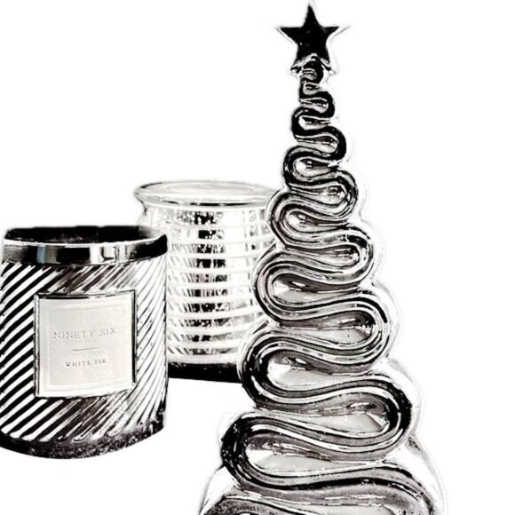 Table Decor 2 Scented Holiday Metallic Silver Jar Candles, Ceramic Xmas Tree NWT - Picture 1 of 7